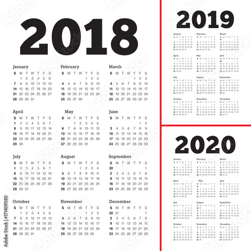 Year 2018 2019 2020 calendar vector