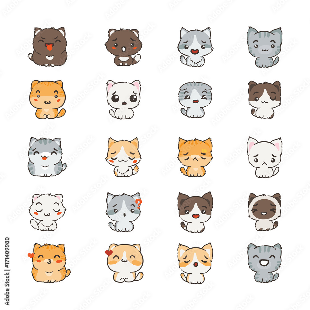 Cute cartoon cats and dogs with different emotions. Sticker collection. Cute cartoon cats and dogs with different emotions. Sticker collection.