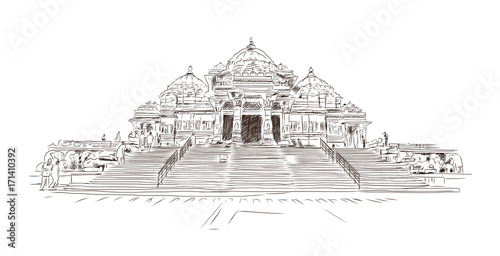 Hand drawn sketch of Akshardham Hindu temple in Delhi, India. Vector illustration. photo