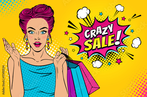 Wow female face. Sexy surprised young woman with open mouth and pink hair holding shopping bags and Crazy sale speech bubble. Vector bright background in pop art retro comic style. 