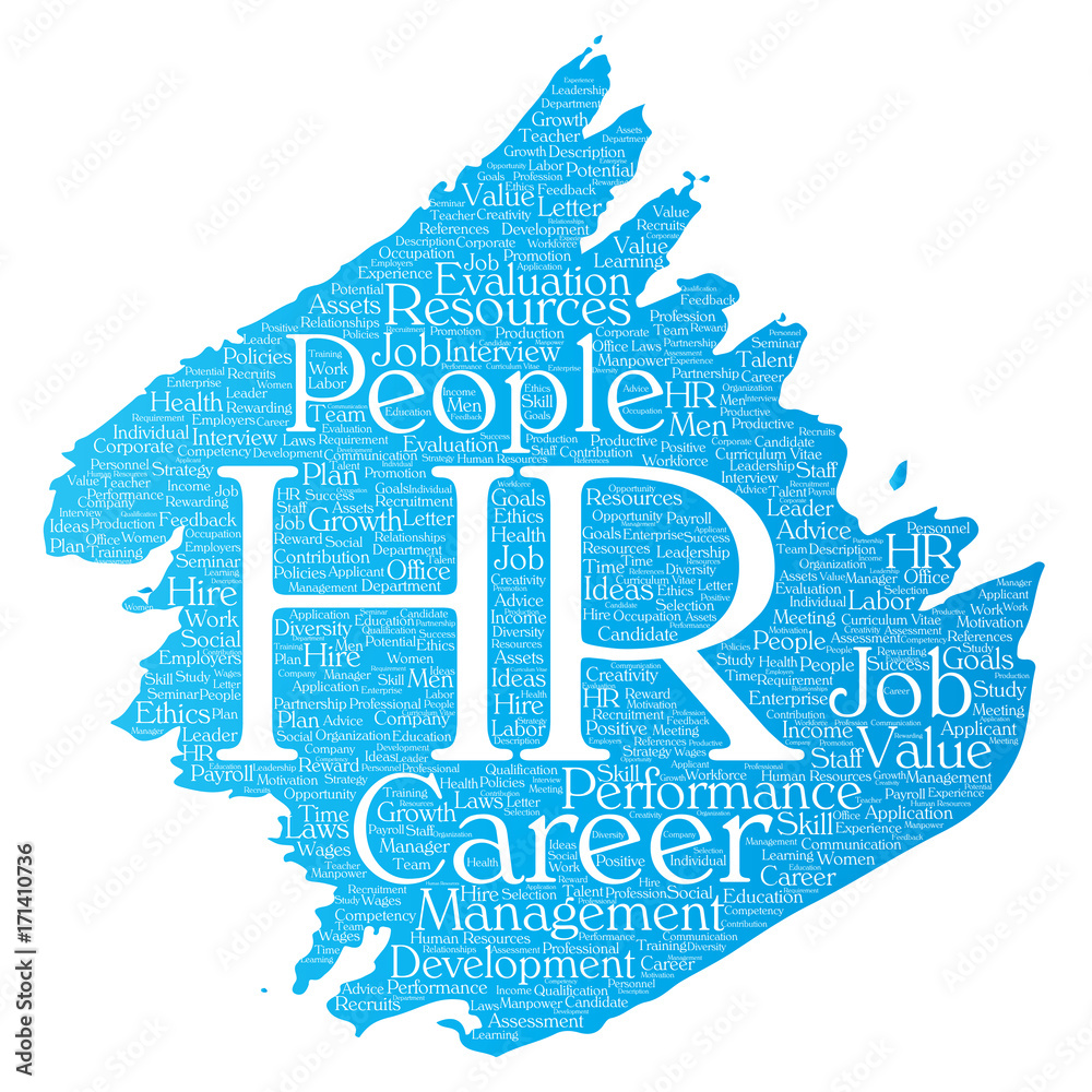 Vector concept conceptual hr or human resources career management brush or paint word cloud isolated background. Collage of workplace, development, hiring success, competence goal, corporate or job