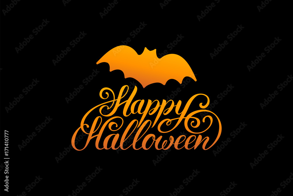 Bat vector illustration with Happy Halloween lettering. All Saints Eve background. Festive card design