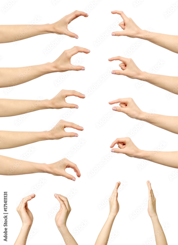 Set of woman's hand measuring invisible items Set of woman's hand measuring invisible items