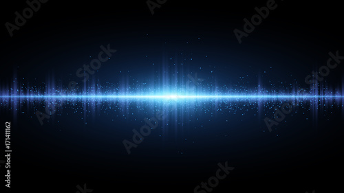 Sound waves of light blue on a dark background. Background for the radio, club, party. Vibration of light. Bright flash of light with luminous dust. Vector