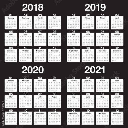 Year 2018 2019 2020 2021 calendar vector