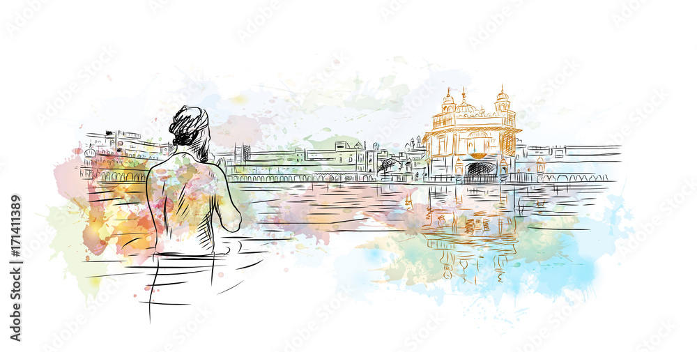 Watercolor sketch of Golden Temple Amritsar India in vector illustration.