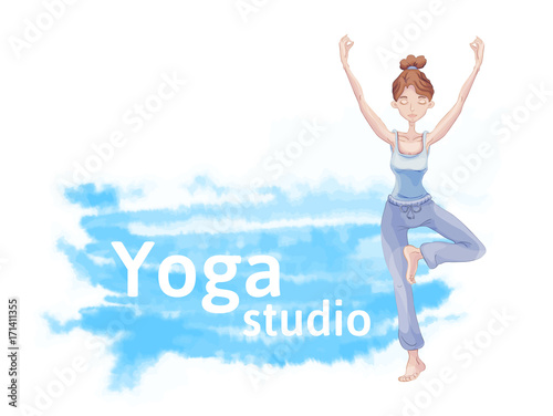 Young cute girl practice yoga, standing on one leg in the Lotus position. Blue watercolor stain in the background. Header for ad or flyers.