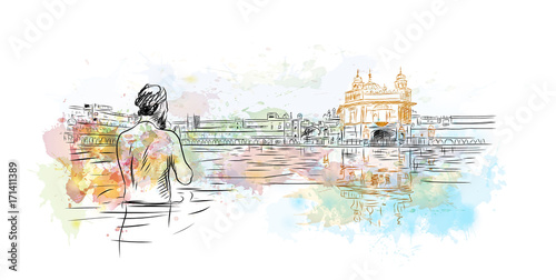 Obraz na płótnie Watercolor sketch of Golden Temple Amritsar India in vector illustration. w salonie