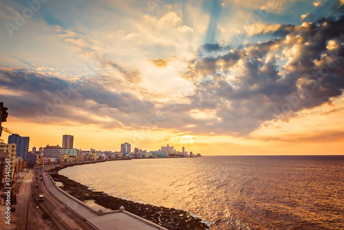 Cuba, Havana, embankment Malecon, fascinating cloudscape, skyline, sunset