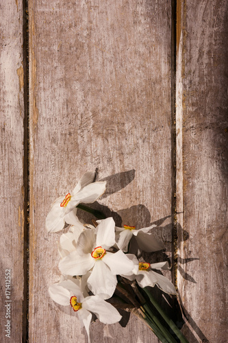 Fototapeta Naklejka Na Ścianę i Meble -  Narcissuses on rustic wooden background top view. Beautiful spring. White flower bouquet present for lady with free space, International women's day, morning freshness, tenderness concept