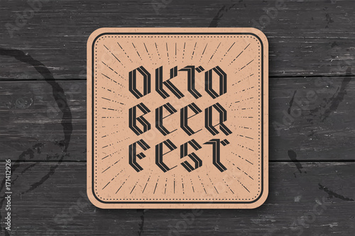 Beverage coaster for beer with hand drawn lettering for Oktoberfest Beer Festival. Vintage drawing for bar, pub, beer themes. Design for placing beer mug or bottle. Vector Illustration