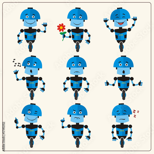 Set emoticon blue robot with different emotions in cartoon style. Collection isolated robots in various poses.