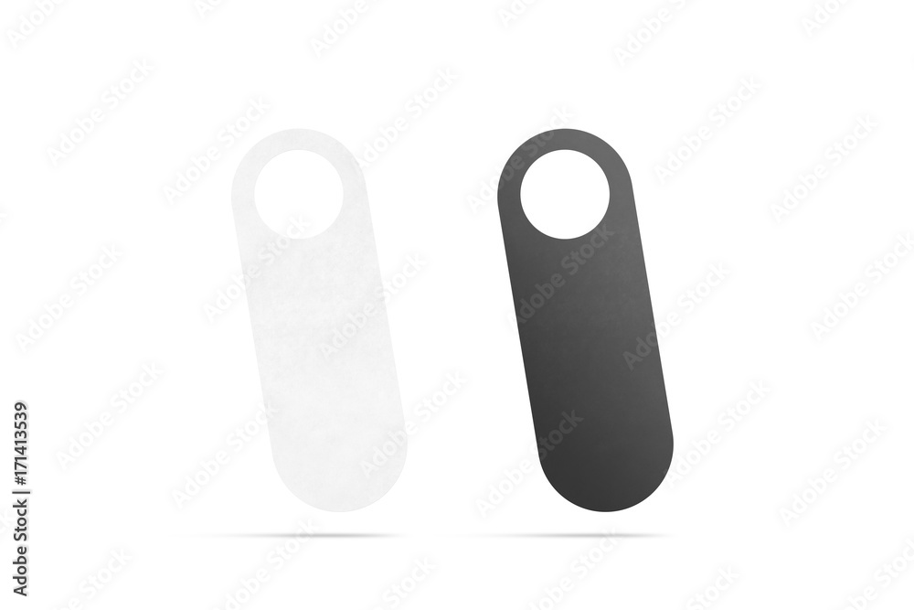 Blank black and white doorhanger mockup for door knob, isolated, 3d rendering. Empty white doorcard mock up for entry handle. Leaflet design on entrance doorknob. Dont disturb sign, silence signal. Blank black and white doorhanger mockup for door knob, isolated, 3d rendering. Empty white doorcard mock up for entry handle. Leaflet design on entrance doorknob. Dont disturb sign, silence signal.