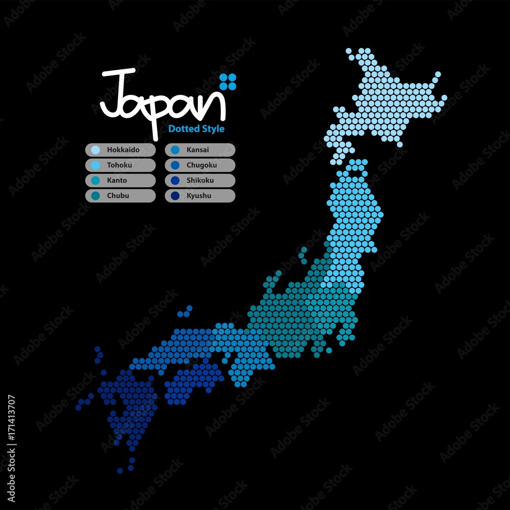 Japan Map of circle shape with the continent in a different blue color on a black background. Vector illustration dotted style.