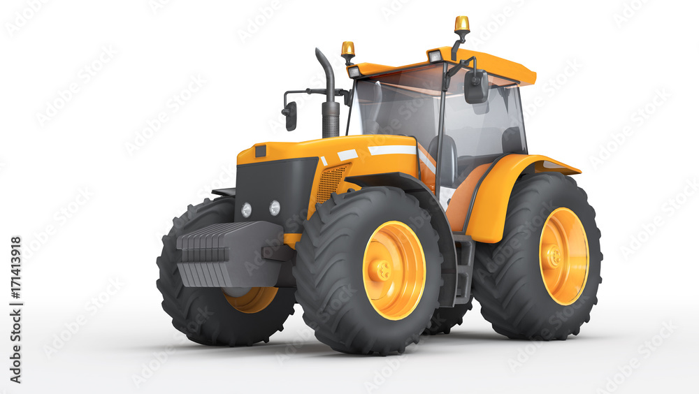 Obraz premium Wheel agricultural tracktor isolated on white background. Front side view