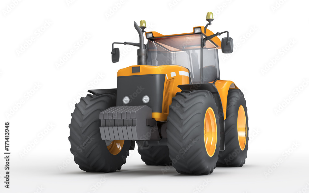 Obraz premium Wheel agricultural tracktor isolated on white background. Front side view