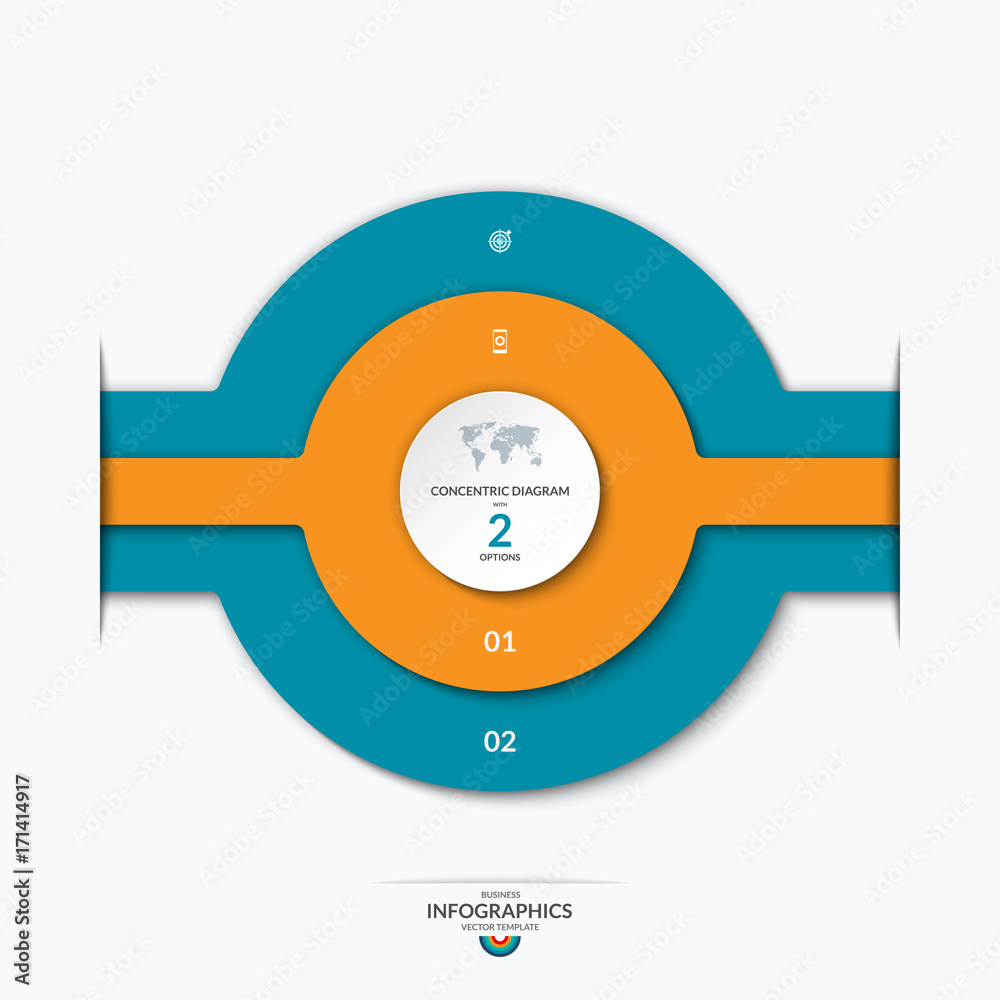 Concentric circles diagram for infographics . Vector banner with 2 options, levels, layers, stages. Can be used for graph, chart, report, data representation, web design