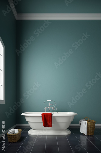 Modern bath tub in front of wall with towels and window upright 3d rendering
