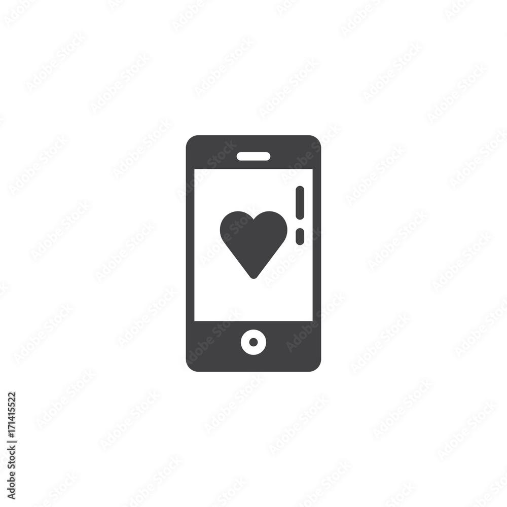 Smartphone with heart icon vector, filled flat sign, solid pictogram isolated on white. Charity symbol, logo illustration Smartphone with heart icon vector, filled flat sign, solid pictogram isolated on white. Charity symbol, logo illustration