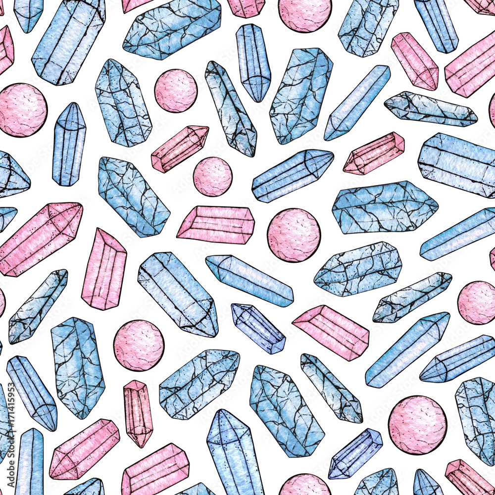 Watercolor and ink hand painted blue and pink gems and crystals seamless pattern on the white background. Watercolor and ink hand painted blue and pink gems and crystals seamless pattern on the white background.