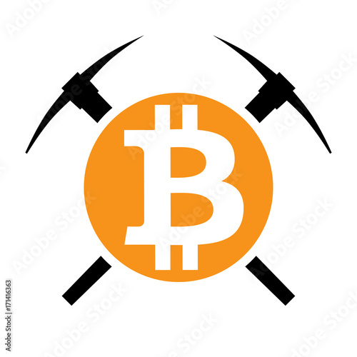 Symbol of mining cryptocurrency bitcoin. Circle and two pickaxes. Logo and badge of financial tools. Vector Illustration isolated on white background. photo