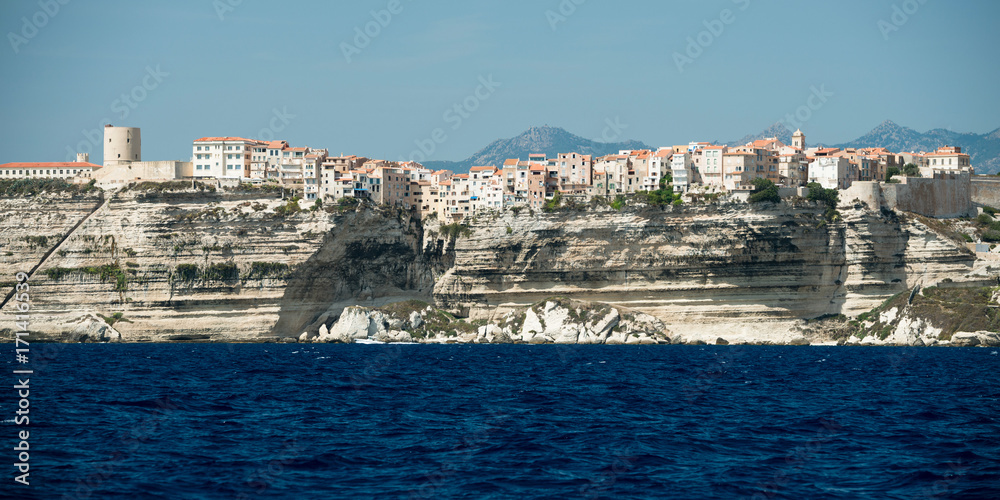Panoramic view of Bonifacio city and cliffs, Corsica island, France