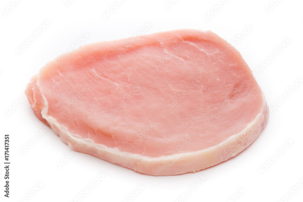 Fresh raw beef steak isolated on white background, top view.