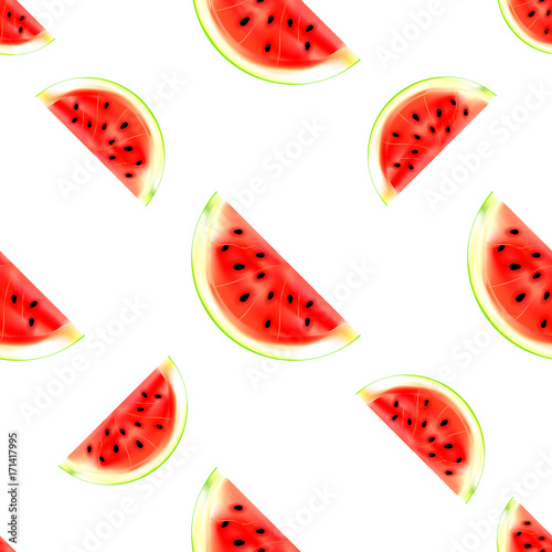 Fototapeta Naklejka Na Ścianę i Meble -  Watermelon slices seamless pattern. Vector illustration of summer fruit isolated on white background. Can be used for printing on textile, pattern fills, textures or gift wrap and wallpapers