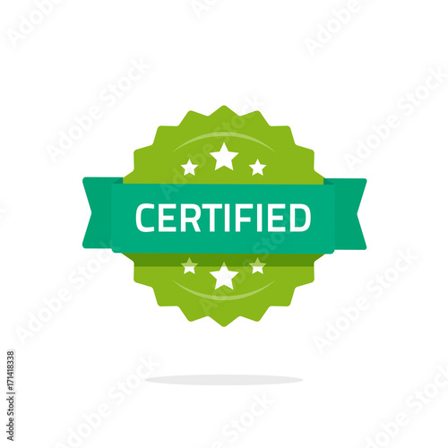 certified stamp or seal vector sign isolated on white background, flat cartoon rosette quality badge with stars and green ribbon, idea of certification sticker