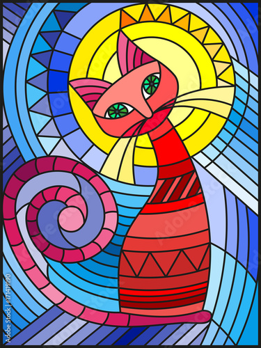 Illustration in stained glass style with abstract red geometric cat