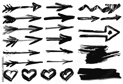 Big set with hand drawn watercolor black arrows, hearts on white background