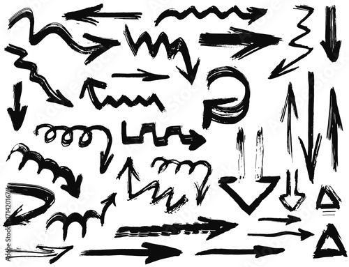 Big set with hand drawn watercolor black arrows on white background