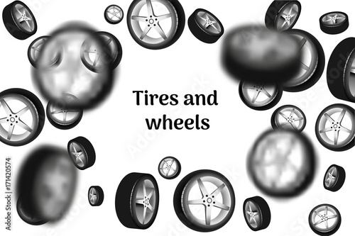 Car wheels falling down on white background. Vector illustration.