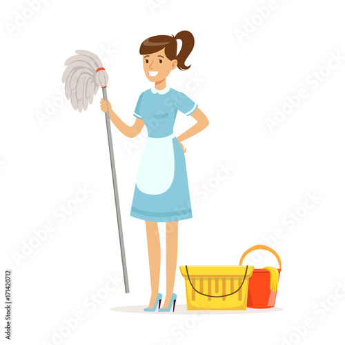 Smiling maid character wearing uniform with bucket and mop, cleaning service of hotel vector Illustration