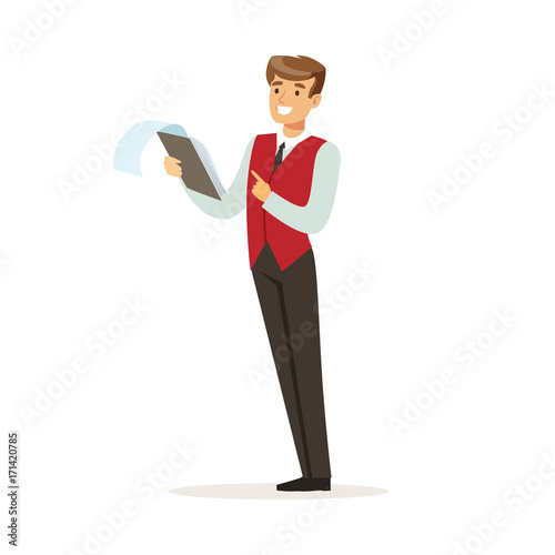 Smiling male hotel manager character wearing red uniform controlling something, hotel staff vector Illustration
