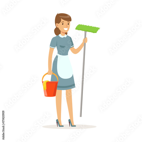 Cheerful maid character wearing uniform standing with bucket and mop, cleaning service of hotel vector Illustration