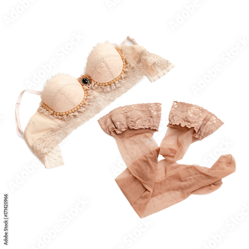 Glamorous stylish sexy lace lingerie with woman accessories on white background. Woman lace bra with perfume, flat lay, top view. Shopping and fashion concept, textile, underwear.