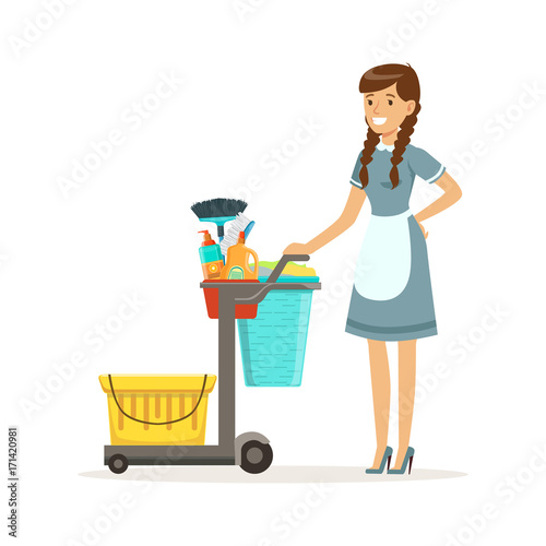 Cheerful maid character wearing uniform standing with janitor cart full of supplies and equipment, cleaning service of hotel vector Illustration