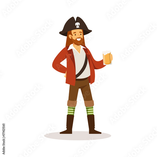 Pirate sailor character with wooden leg holding glass of rum vector Illustration