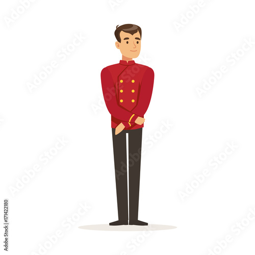 Smiling concierge or porter character wearing red double breasted uniform, hotel staff vector Illustration