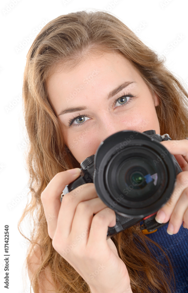 Beautiful smiling woman with digital camera, on white Beautiful smiling woman with digital camera, on white