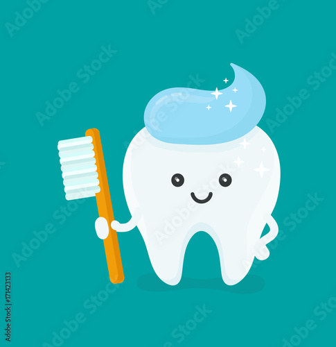 Cute happy smiling tooth with toothbrush 