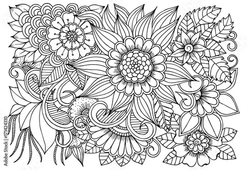 Flower pattern in black and white for adult coloring book. Can use for print   coloring and card design