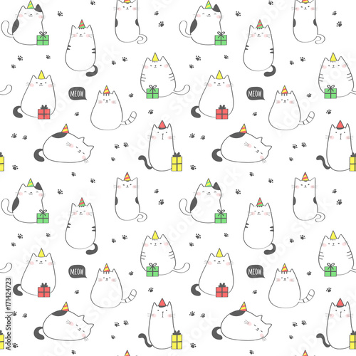 Seamless pattern with funny cats. Birthday party. Vector background.