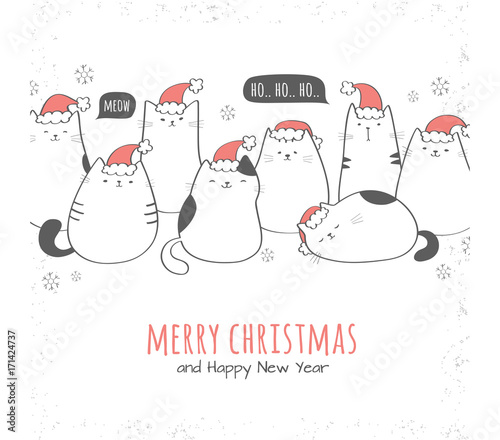 Christmas card with cute santa cats