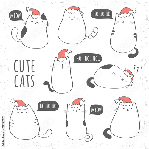 Set of funny cute cats with Christmas hats