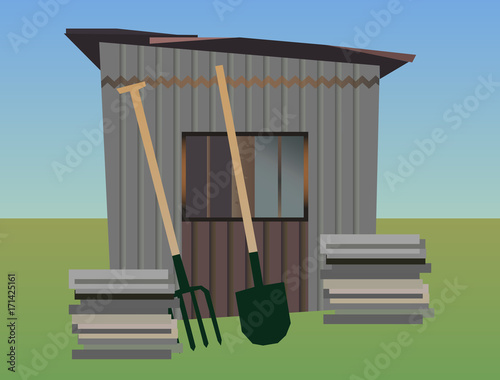 Vector illustration of gardening - old garden shed