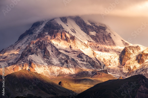 Detail landscape view of Mt Kazbeg at sunrise, Georgia