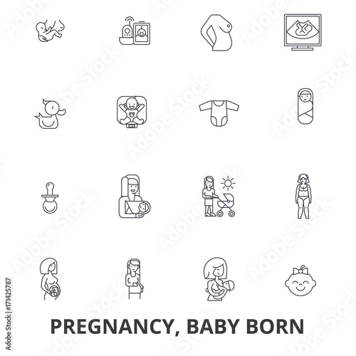 Pregnancy, pregnant woman, baby, maternity, birth, nursery line icons. Editable strokes. Flat design vector illustration symbol concept. Linear signs isolated on white background