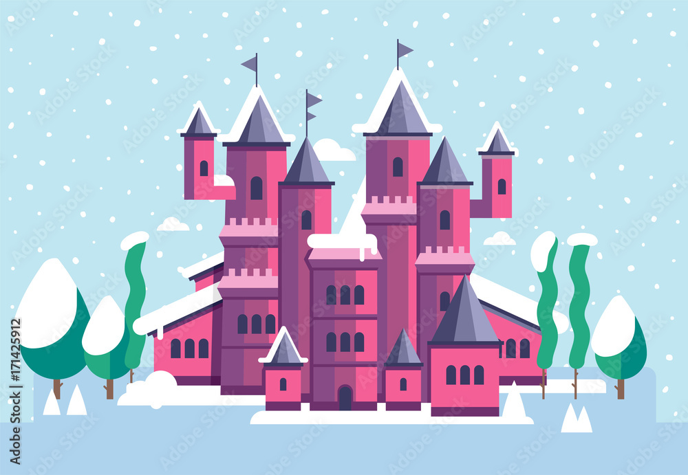 Vector illustration for children with fairy pink castle and winter landscape